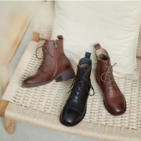 Autumn and Winter Stylish Leather Lace up Classic Ankle Boots - Thumbnail 1
