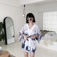 White Crane Women's Japanese Kimono - Thumbnail 1