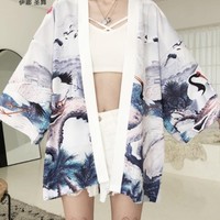 White Crane Women's Japanese Kimono - Thumbnail 4