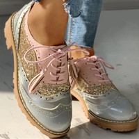 Casual Leather Lace up Patchwork Oxford Shoes - Thumbnail 1
