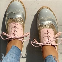 Casual Leather Lace up Patchwork Oxford Shoes - Thumbnail 4