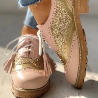 Casual Leather Lace up Patchwork Oxford Shoes - Thumbnail 6
