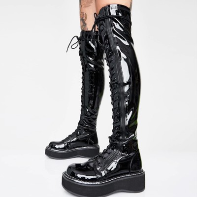 Side zip lace up gothic thigh high boots - Thumbnail 4