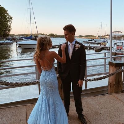 Beautiful mermaid scoop neck cross back sky blue tulle lace prom evening dresses - Thumbnail 2