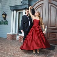 Simple Satin Strapless Dark Red Satin Long Prom Evening Dress - Thumbnail 1