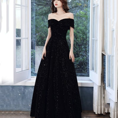 Black a line long prom dress off shoulder evening dress - Thumbnail 4