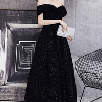 Black A line long prom dress off shoulder evening dress - Thumbnail 4