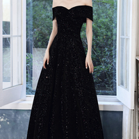 Black A line long prom dress off shoulder evening dress - Thumbnail 6