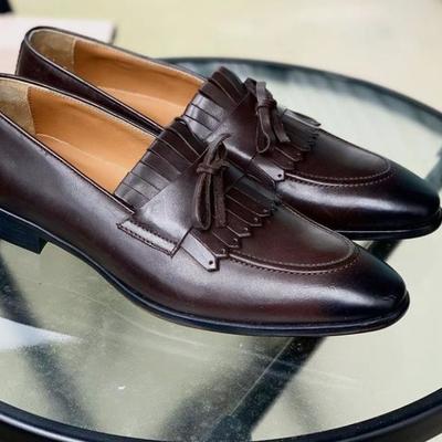 Handstitch classic chocolate brown black fringe moccasin loafer fastening shoes men