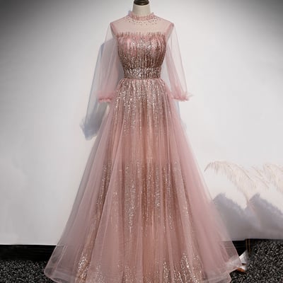 Pink tulle sequins long prom dress pink evening dress - Thumbnail 2