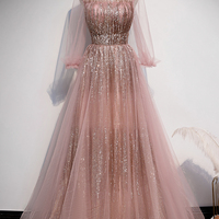 Pink tulle sequins long prom dress pink evening dress - Thumbnail 4