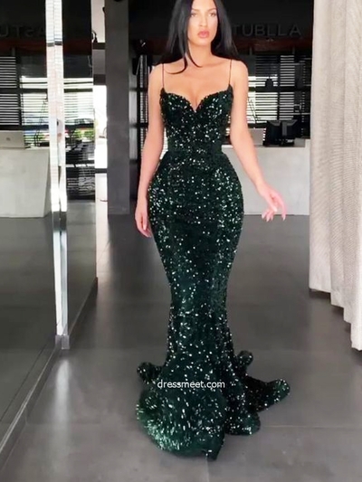 Sexy Mermaid V Neck Straps Dark Green Sequins Evening Party Dresses