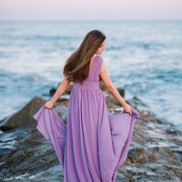 Simple A-Line V Neck Lilac Chiffon Long Prom Evening Dresses - Thumbnail 2