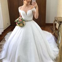 Ball Gown Off the Shoulder White Sparkly Tulle Wedding Dresses with Beading - Thumbnail 2