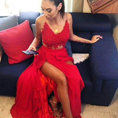 Two piece split prom dresses with appliques - Thumbnail 3