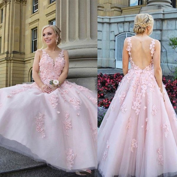 Pink Prom Dresses Pink with Appliques