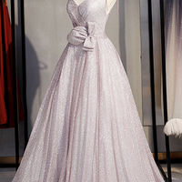 Shiny v neck sequins long prom dress A line evening dress - Thumbnail 1