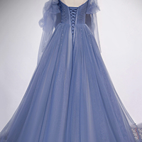 Blue tulle long prom dress A line evening dress - Thumbnail 3