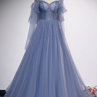 Blue tulle long prom dress A line evening dress - Thumbnail 6