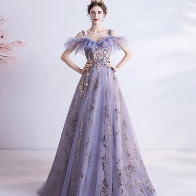 Purple lace long a line prom dress evening dress - Thumbnail 4