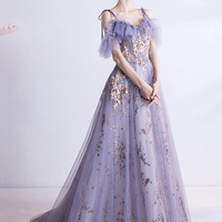 Purple lace long A line prom dress evening dress - Thumbnail 1