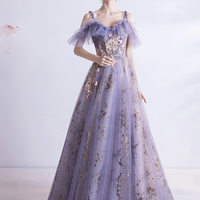 Purple lace long A line prom dress evening dress - Thumbnail 2