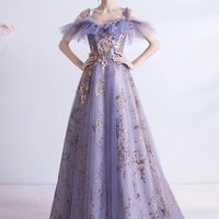 Purple lace long A line prom dress evening dress - Thumbnail 4