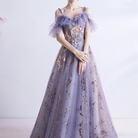 Purple lace long A line prom dress evening dress - Thumbnail 6