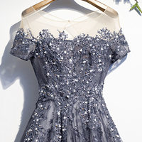 Blue tulle sequins long prom dress A line evening dress - Thumbnail 1