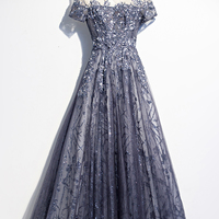 Blue tulle sequins long prom dress A line evening dress - Thumbnail 4