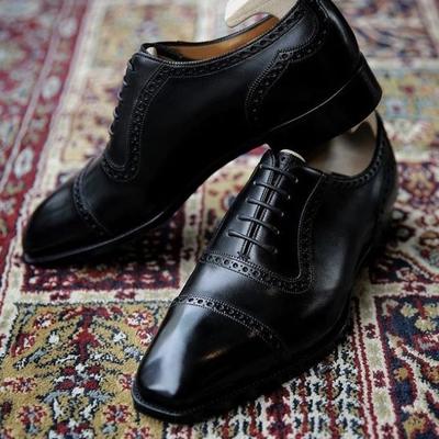 Handmade black oxfords cap toe lace up shoes, men's office leather shoes - Thumbnail 2