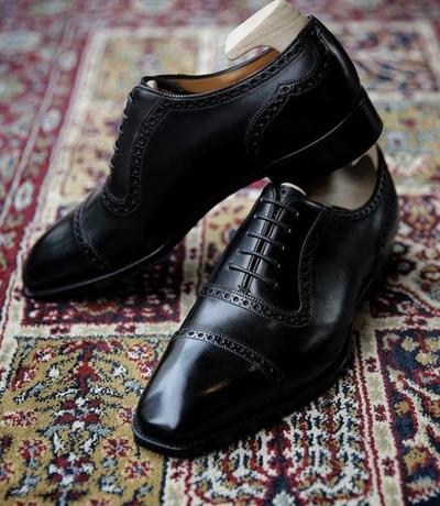 Handmade Black Oxfords Cap Toe Lace Up Shoes, Men's Office Leather Shoes