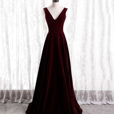 Burgundy v neck long prom dress a line velvet evening dress - Thumbnail 3