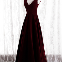 Burgundy v neck long prom dress A line velvet evening dress - Thumbnail 1