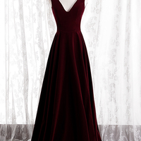 Burgundy v neck long prom dress A line velvet evening dress - Thumbnail 5