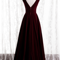 Burgundy v neck long prom dress A line velvet evening dress - Thumbnail 4