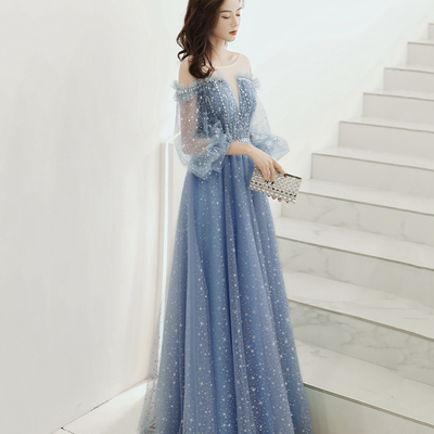 Blue tulle long a line prom dress blue evening dress - Thumbnail 3