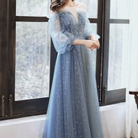 Blue tulle long A line prom dress blue evening dress - Thumbnail 1