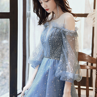 Blue tulle long A line prom dress blue evening dress - Thumbnail 2