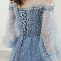 Blue tulle long A line prom dress blue evening dress - Thumbnail 4