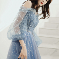 Blue tulle long A line prom dress blue evening dress - Thumbnail 5