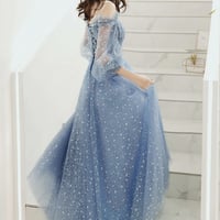 Blue tulle long A line prom dress blue evening dress - Thumbnail 7