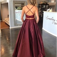 Ball Gown Scoop Neck Spaghetti Straps Burgundy Satin Long Prom Dresses with Beading - Thumbnail 1