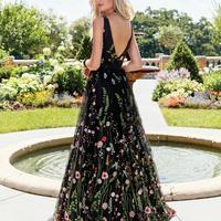 Sweet A Line V Neck Black Lace Prom Dresses - Thumbnail 3