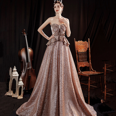 Shiny sequins long a line prom dress evening dress - Thumbnail 4