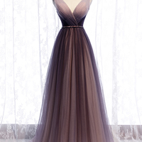 Cute v neck tulle long prom dress A line evening dress - Thumbnail 5