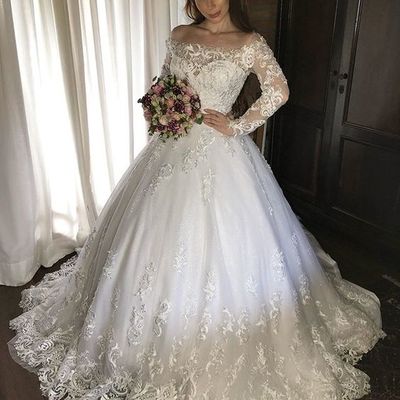 Ball gown off the shoulder long sleeve white wedding dress with lace - Thumbnail 1