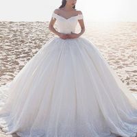 Ball Gown Off the Shoulder White Satin Wedding Dresses with Appliques - Thumbnail 1