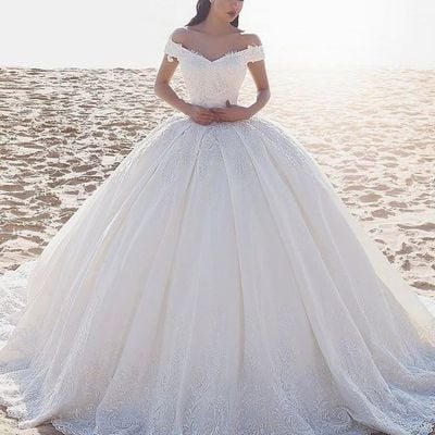 Ball gown off the shoulder white satin wedding dresses with appliques - Thumbnail 3