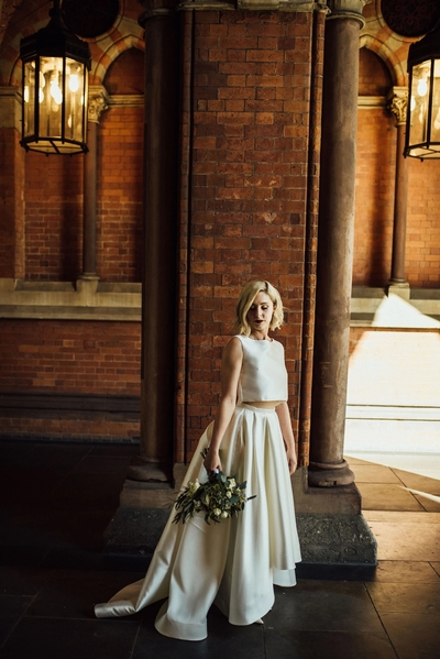 New Arrival Affordable Modest Bateau Neck Two Piece High Low Bridal Separates Wedding Dress